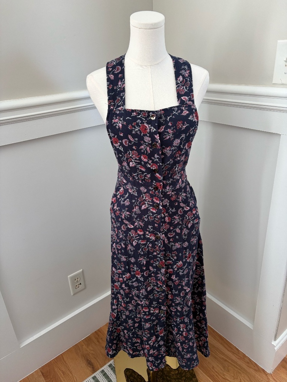 Zara Floral Midi Dress Cross Back Button Front Navy Red Size S